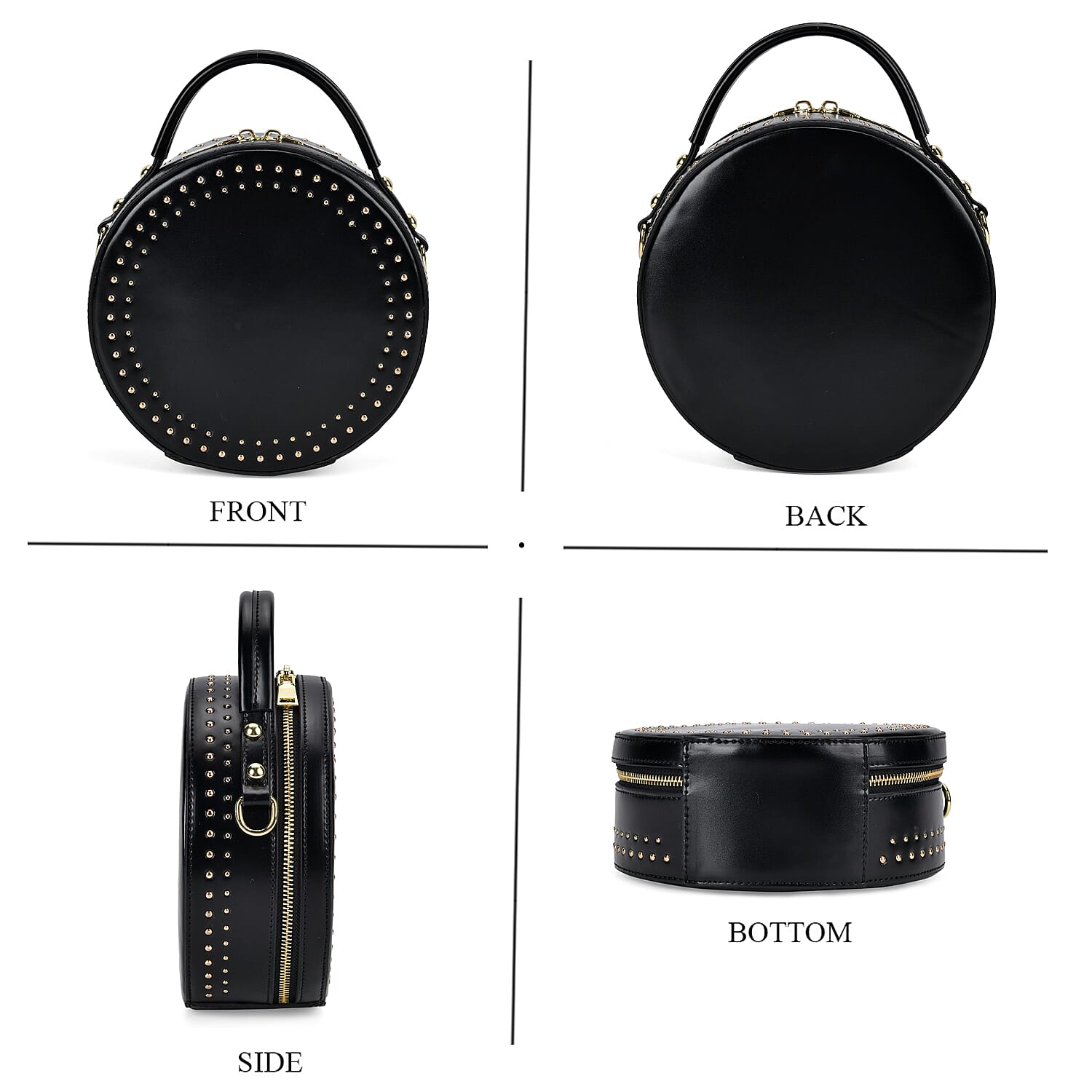 Genuine Leather Stylish Studded Circle Purse With Top Handle & Adjustable Strap - Black