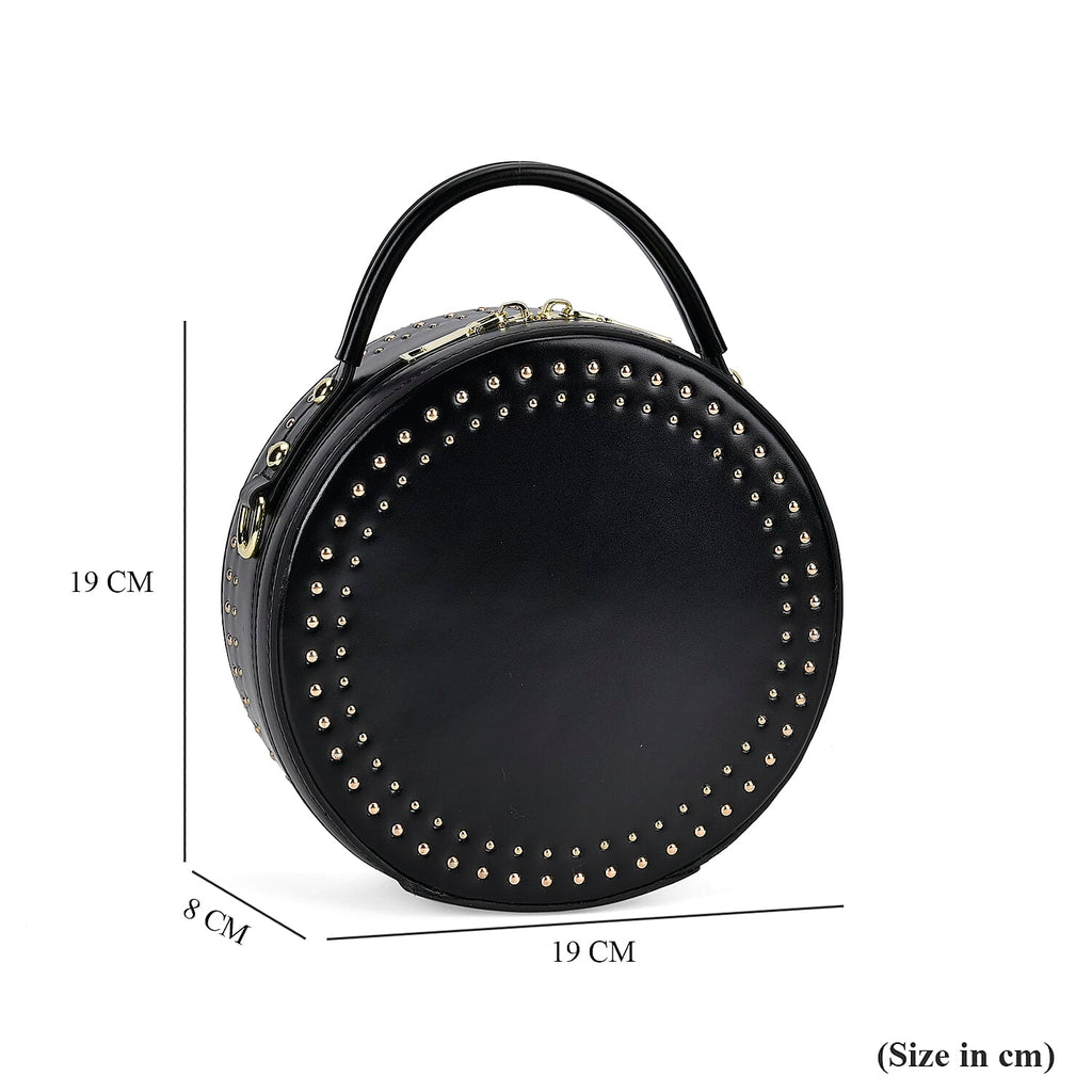 Genuine Leather Stylish Studded Circle Purse With Top Handle & Adjustable Strap - Black