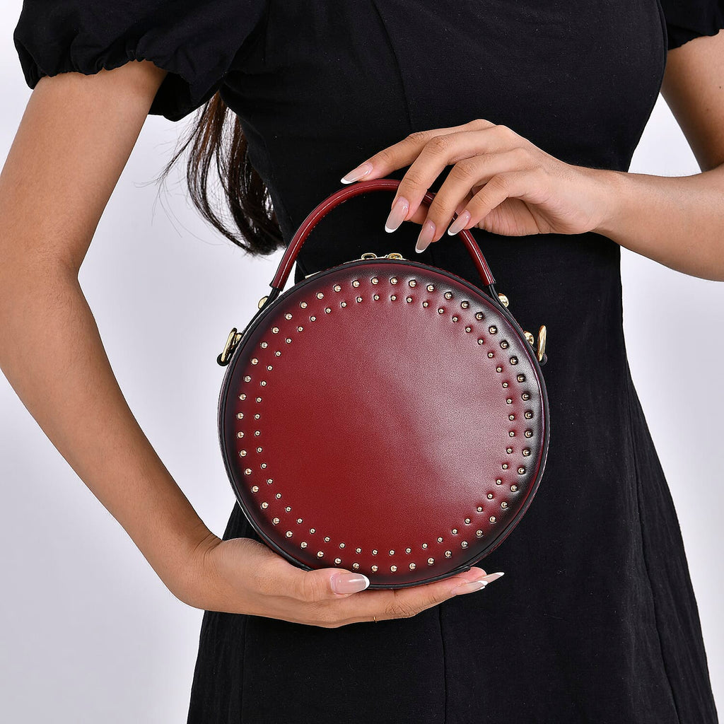 Genuine Leather Stylish Studded Circle Purse With Top Handle & Adjustable Strap - Wint