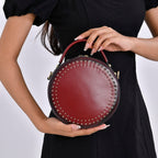 Genuine Leather Stylish Studded Circle Purse With Top Handle & Adjustable Strap - Wint