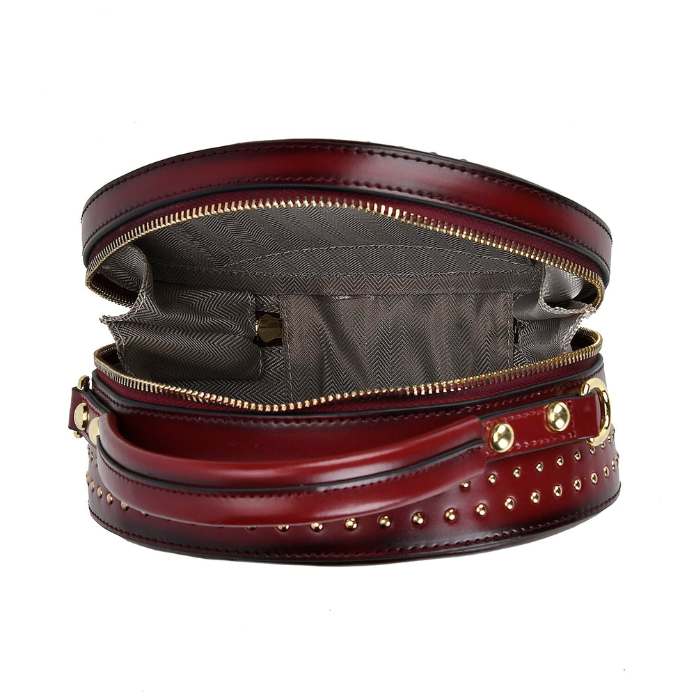 Genuine Leather Stylish Studded Circle Purse With Top Handle & Adjustable Strap - Wint