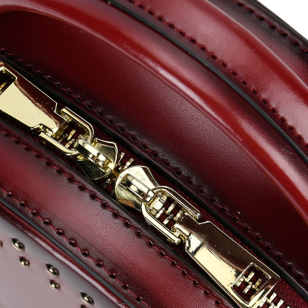 Genuine Leather Stylish Studded Circle Purse With Top Handle & Adjustable Strap - Wint
