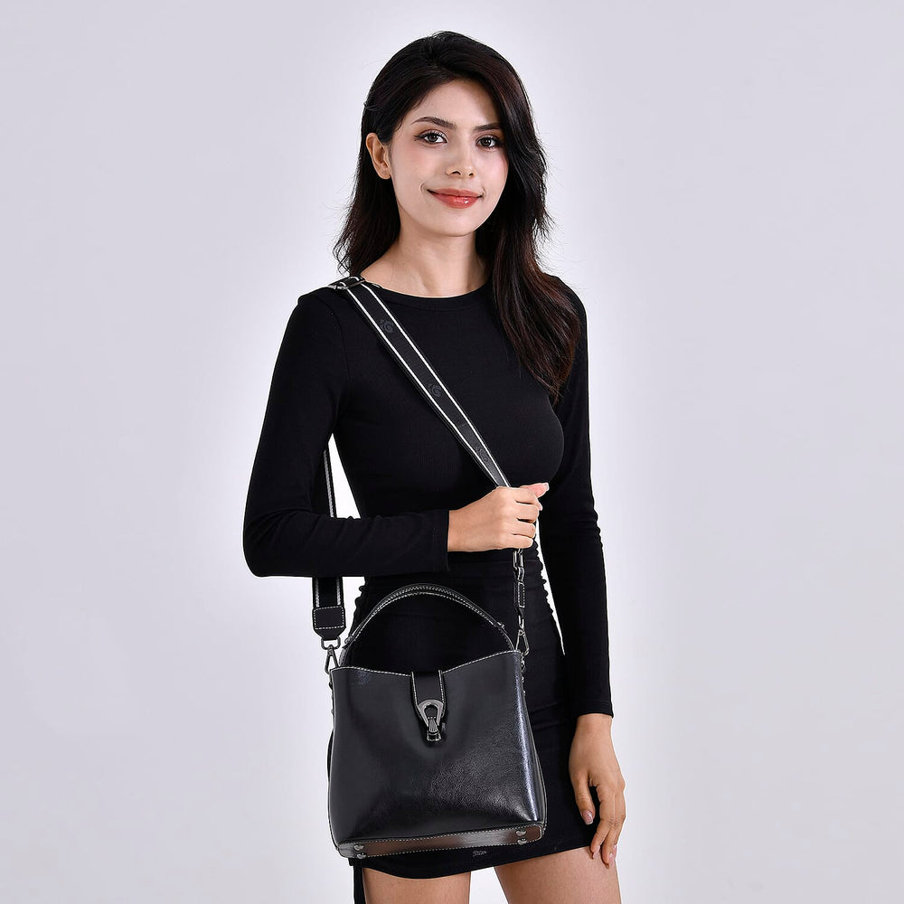 100 % Genuine Leather Solid Crossbody Bag (Size 24x10x21 cm) - Black