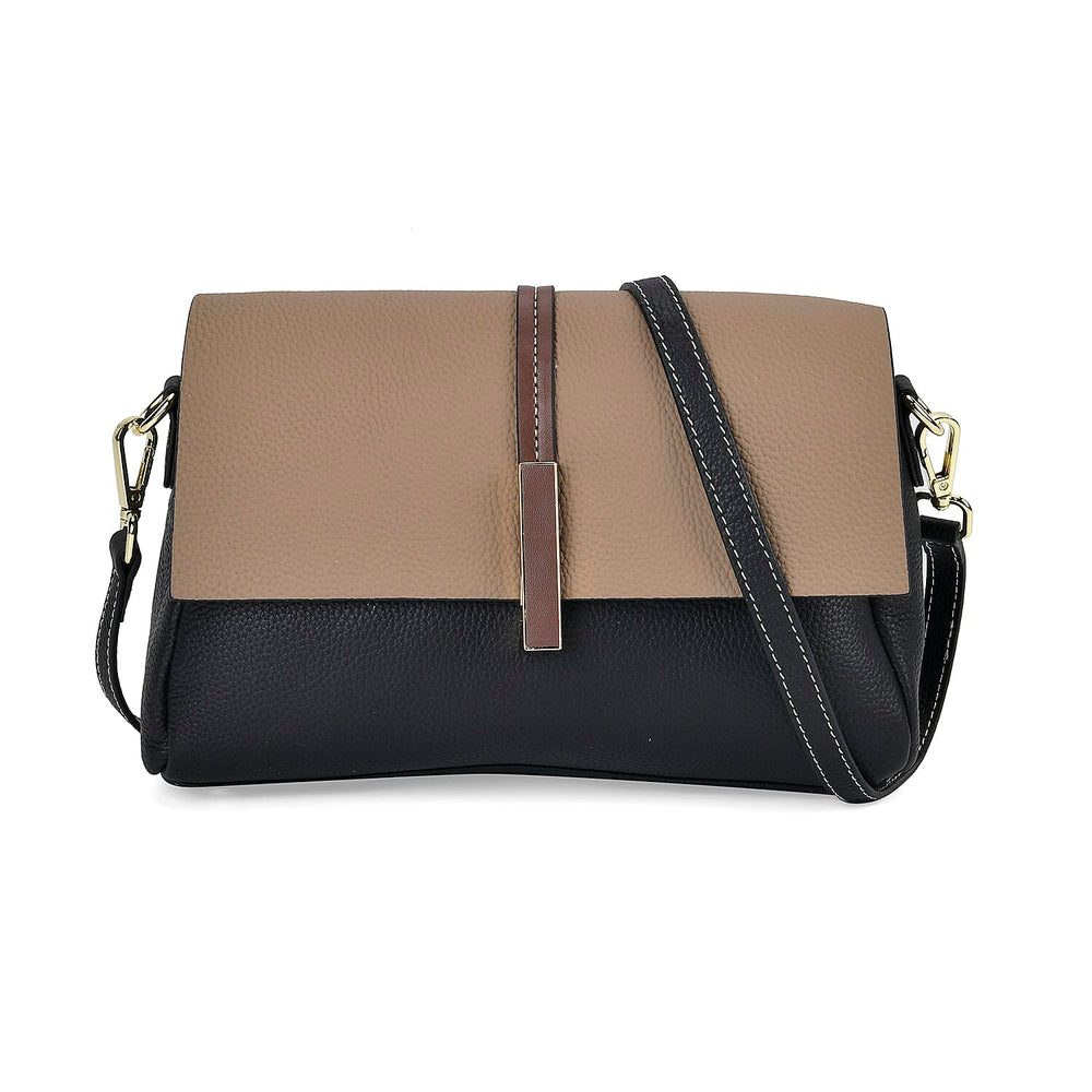 Genuine Leather Solid Crossbody Bag with Long Shoulder Strap - Black - Khaki