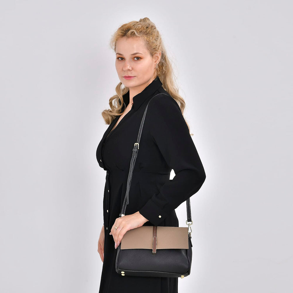 Genuine Leather Solid Crossbody Bag with Long Shoulder Strap - Black - Khaki