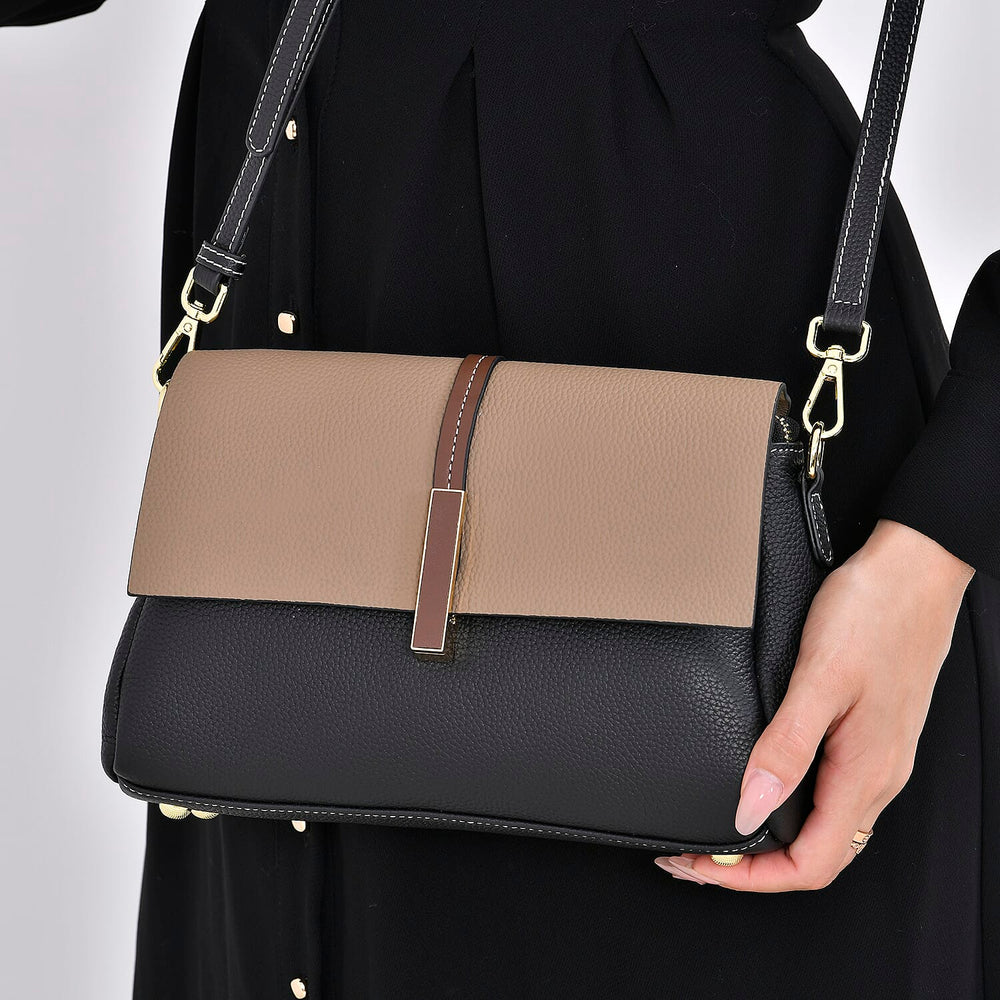 Genuine Leather Solid Crossbody Bag with Long Shoulder Strap - Black - Khaki