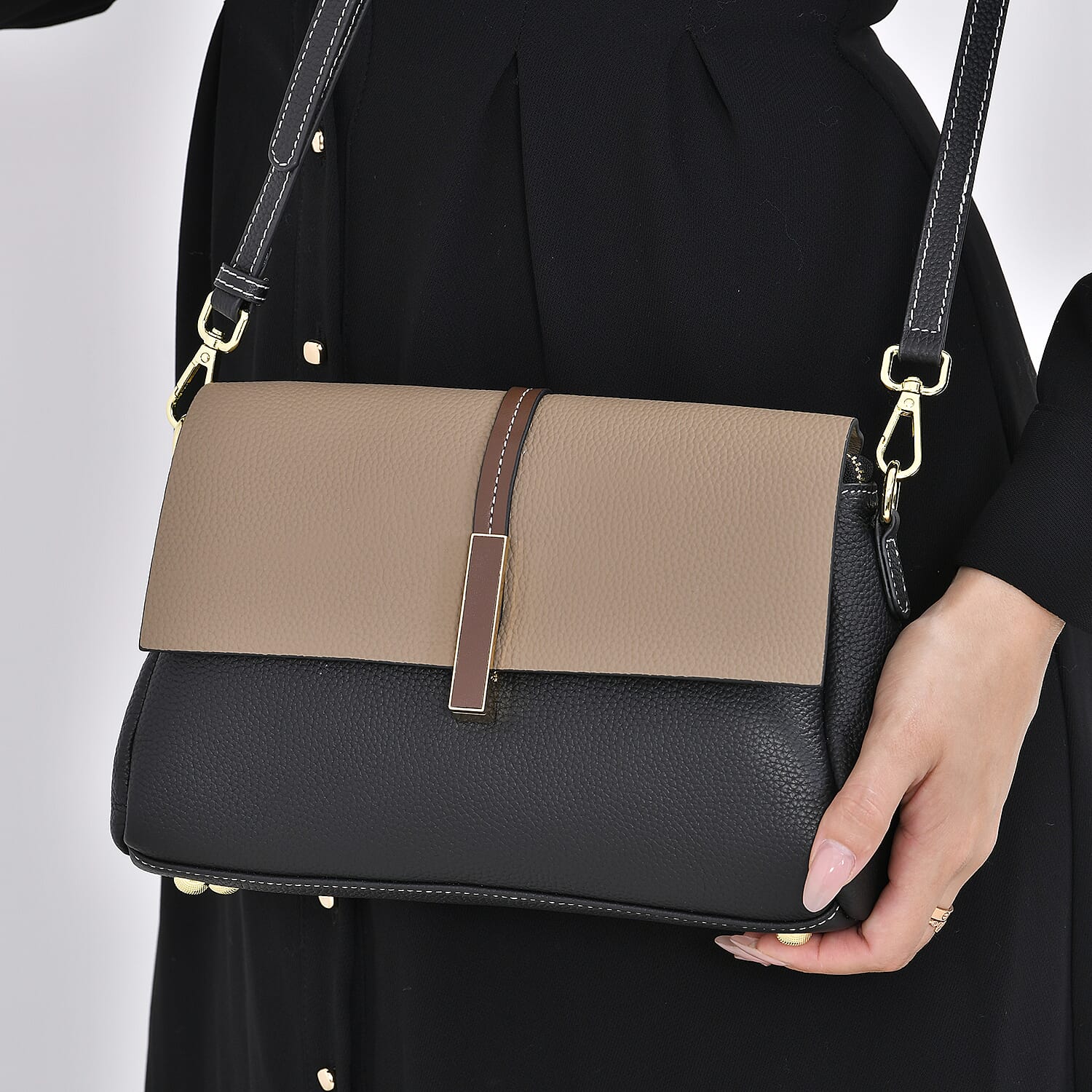 Genuine Leather Solid Crossbody Bag with Long Shoulder Strap - Black - Khaki