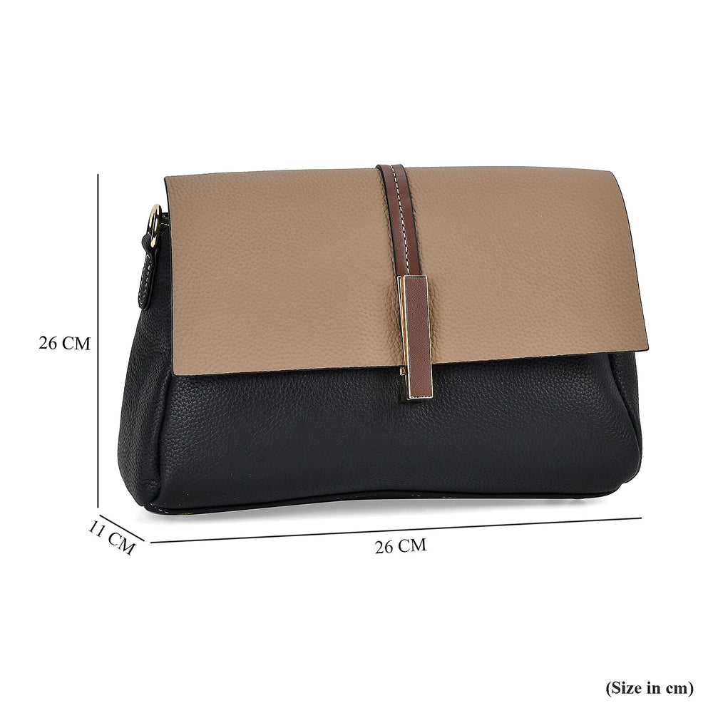 Genuine Leather Solid Crossbody Bag with Long Shoulder Strap - Black - Khaki