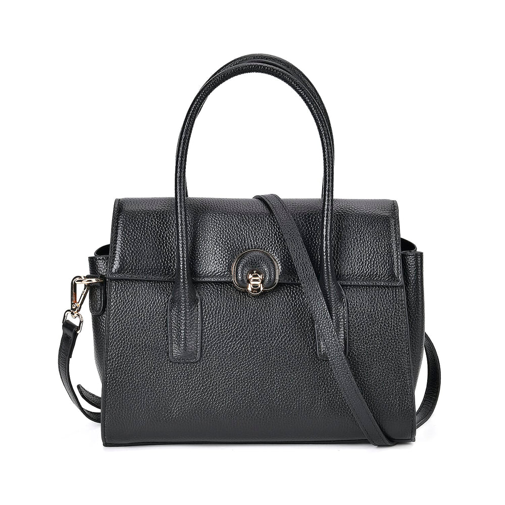 Genuine Leather Solid Crossbody Bag with Handle Drop - Black