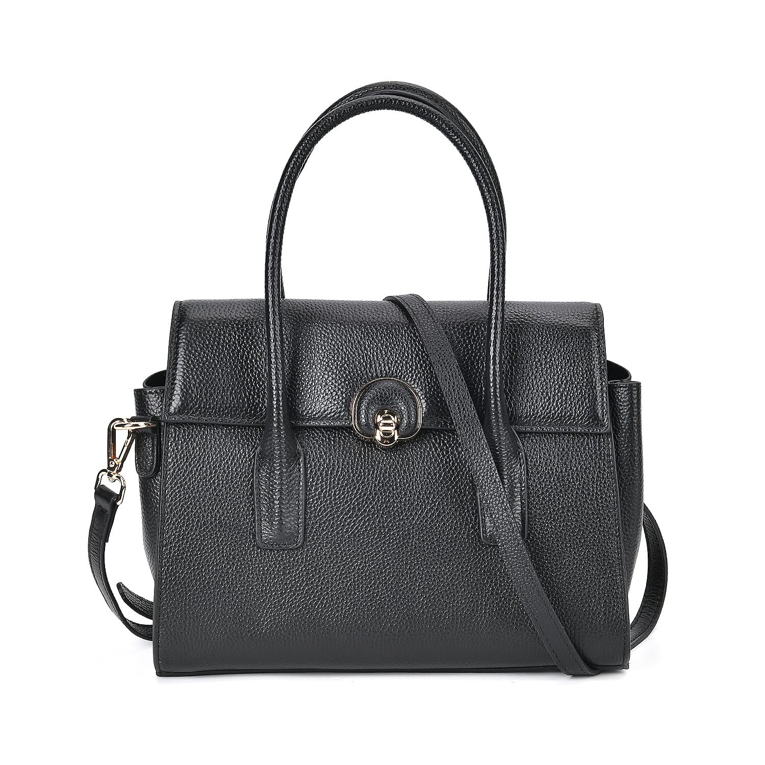 Genuine Leather Solid Crossbody Bag with Handle Drop - Black