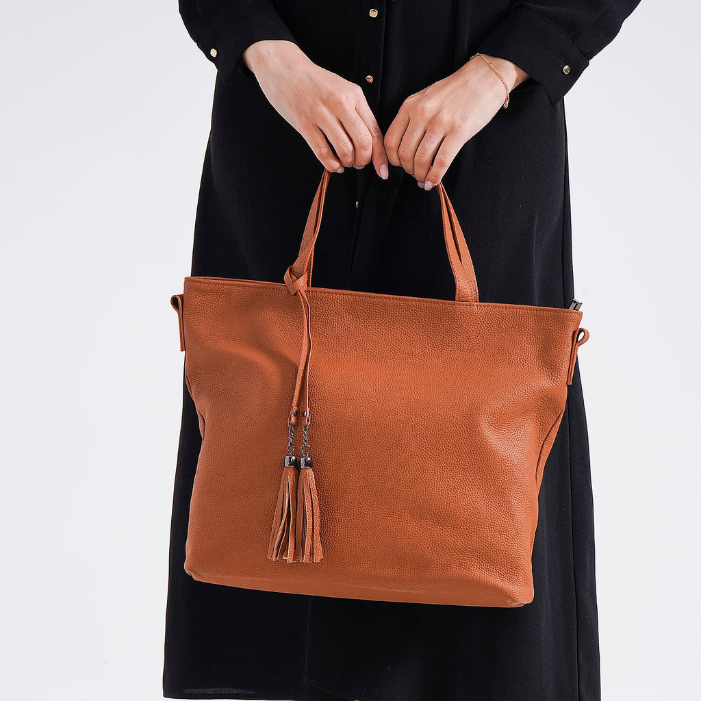Genuine Leather Solid Crossbody Bag (Size 35x10x33 cm) - Tan & Pink