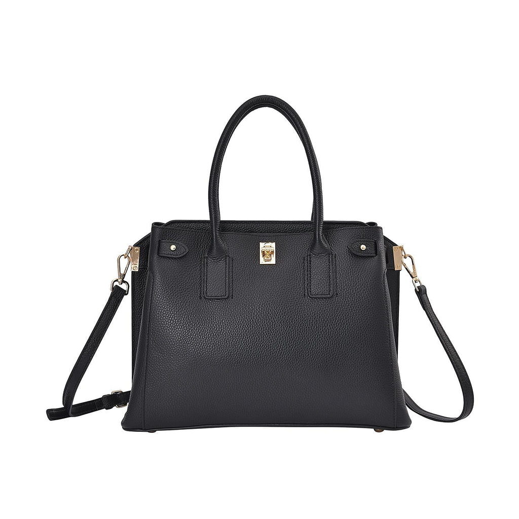 Genuine Leather Solid Crossbody Bag with Handle Drop and Sholuder Strap - Black