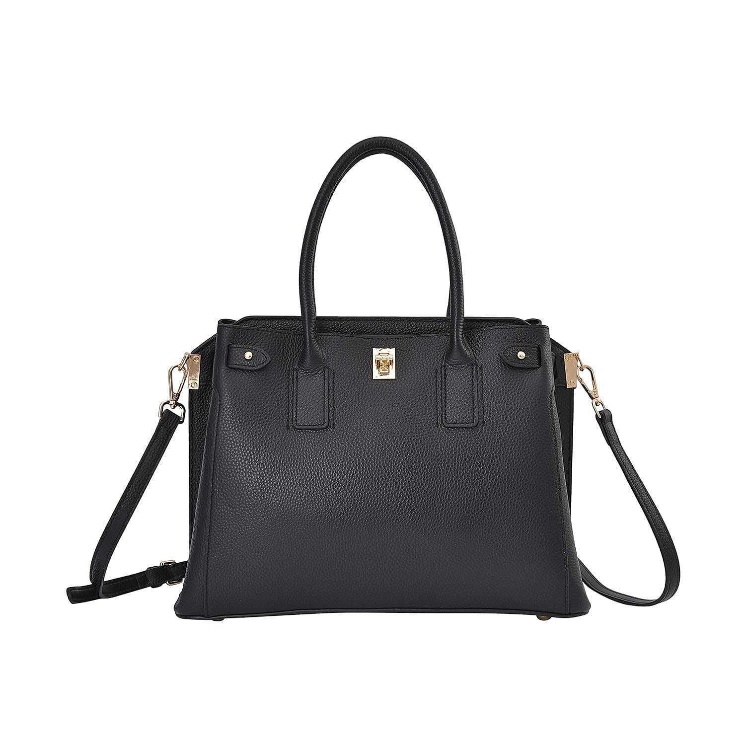 Genuine Leather Solid Crossbody Bag with Handle Drop and Sholuder Strap - Black