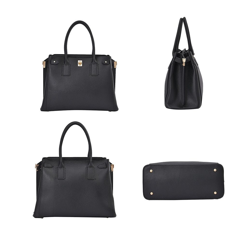 Genuine Leather Solid Crossbody Bag with Handle Drop and Sholuder Strap - Black