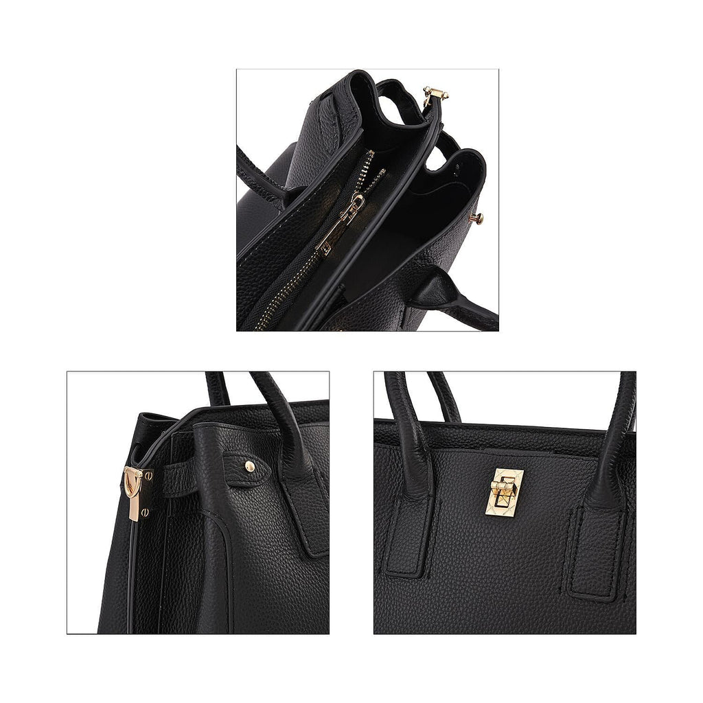 Genuine Leather Solid Crossbody Bag with Handle Drop and Sholuder Strap - Black