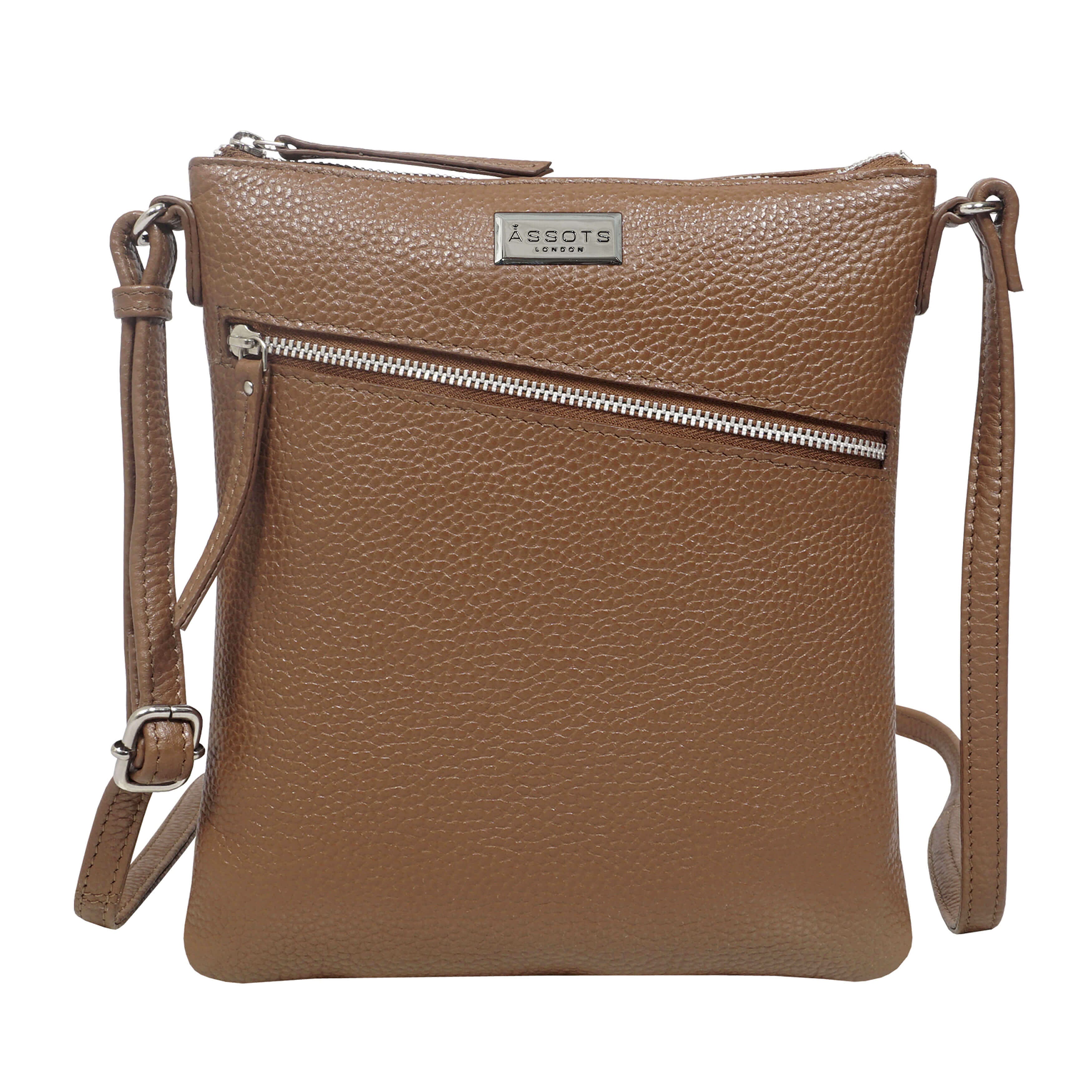 Assots London Rosy Handcrafted Genuine Leather Crossbody Bag With Slant Metal Zip Pocket - Tan