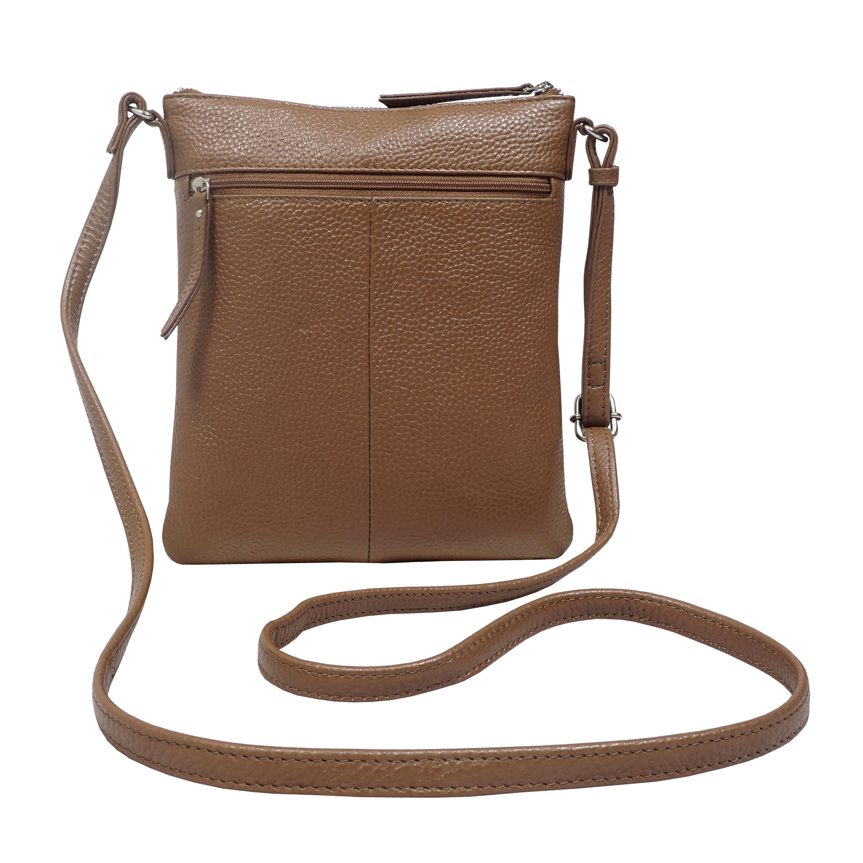 Assots London Rosy Handcrafted Genuine Leather Crossbody Bag With Slant Metal Zip Pocket - Tan