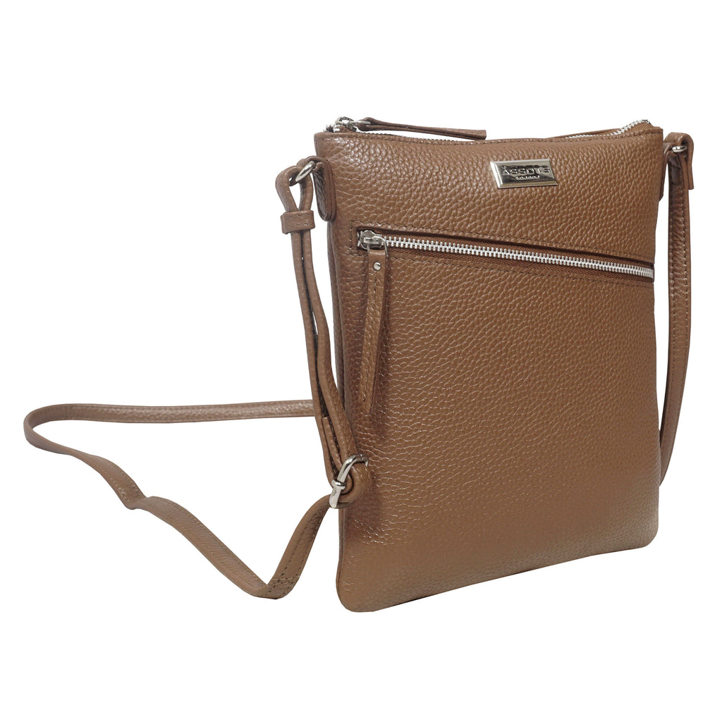 Assots London Rosy Handcrafted Genuine Leather Crossbody Bag With Slant Metal Zip Pocket - Tan