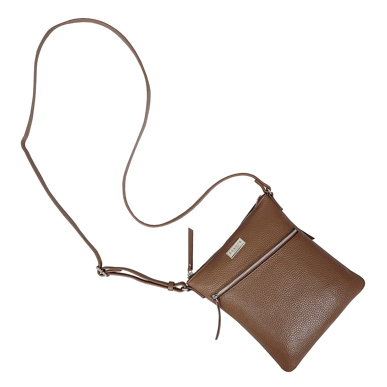 Assots London Rosy Handcrafted Genuine Leather Crossbody Bag With Slant Metal Zip Pocket - Tan