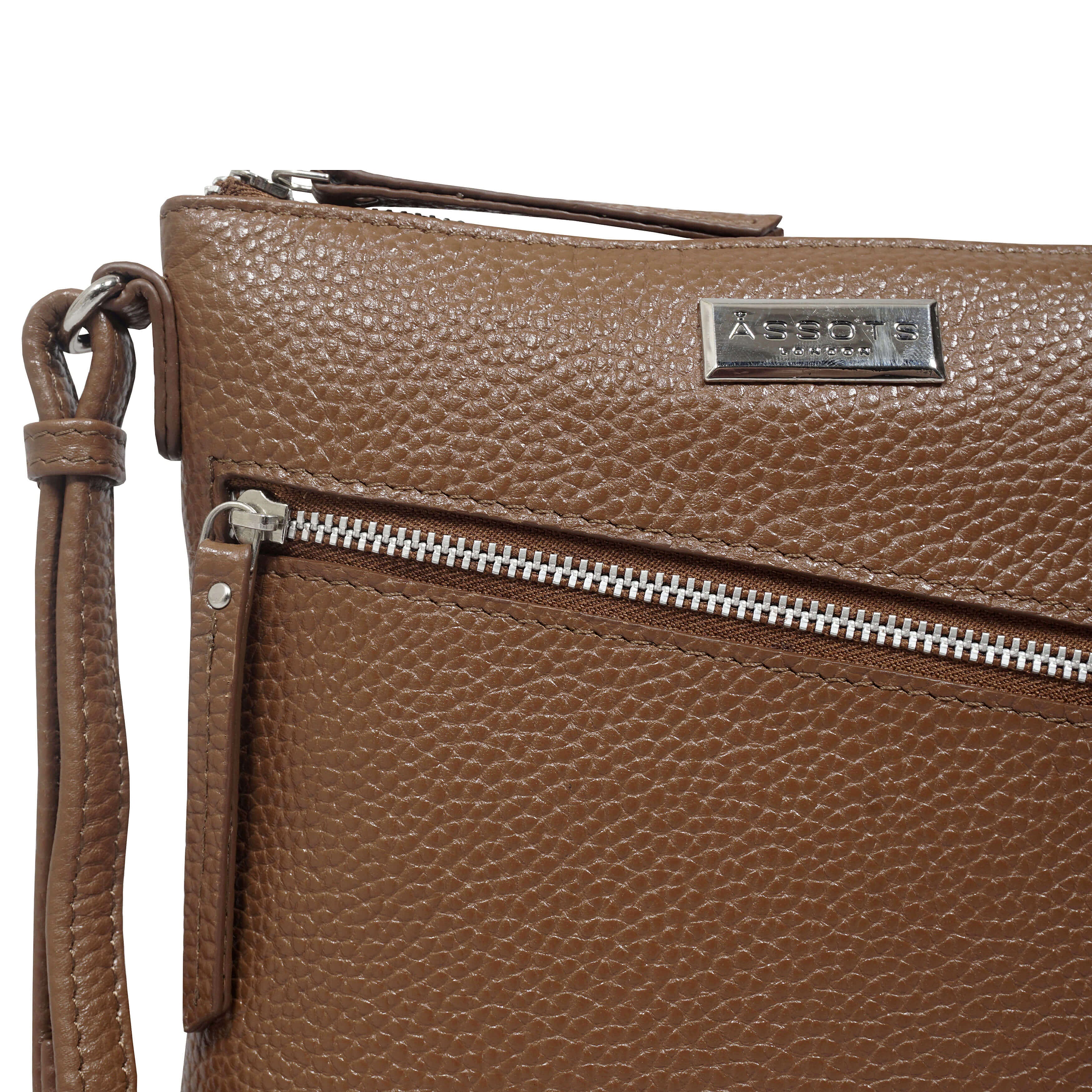 Assots London Rosy Handcrafted Genuine Leather Crossbody Bag With Slant Metal Zip Pocket - Tan