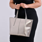 100% Genuine Leather Tote Bag (Size 39x12x27 cm) - Silver