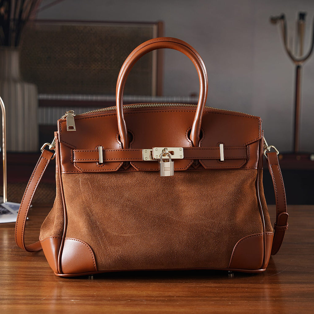 THE MOST DESIRED BAG - Designer Inspired Valliserie Genuine Leather Classic Structured Satchel Bag with Gift Box - Tan