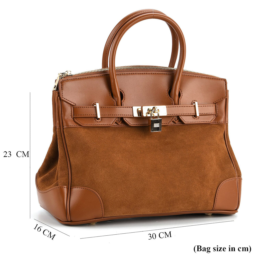 THE MOST DESIRED BAG - Designer Inspired Valliserie Genuine Leather Classic Structured Satchel Bag with Gift Box - Tan