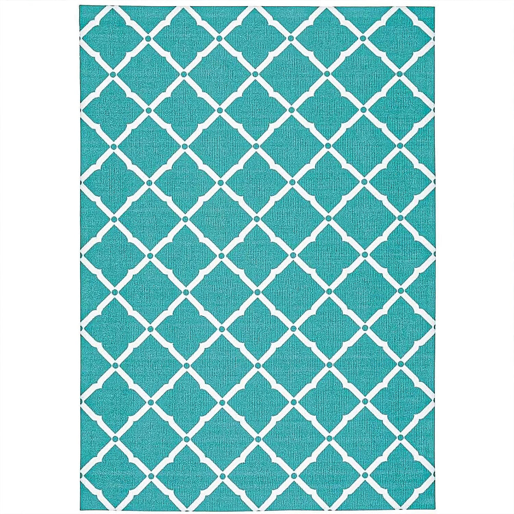 Geometric Diamond Pattern Indoor-Outdoor Rug (Size 180x120cm) - Turquoise - White