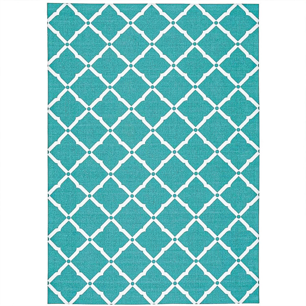 Geometric Diamond Pattern Indoor-Outdoor Rug (Size 180x120cm) - Turquoise - White