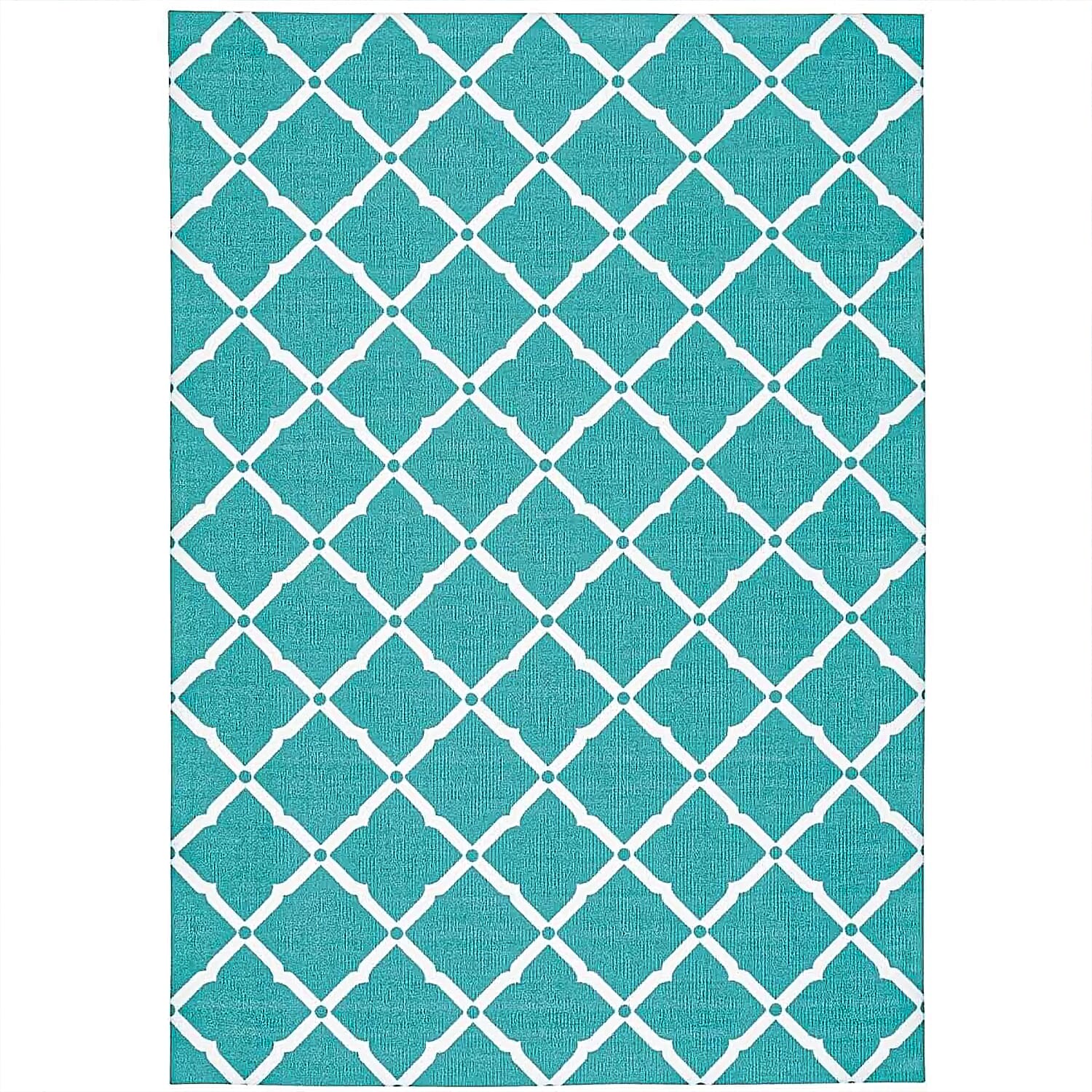 Geometric Diamond Pattern Indoor-Outdoor Rug (Size 180x120cm) - Turquoise - White