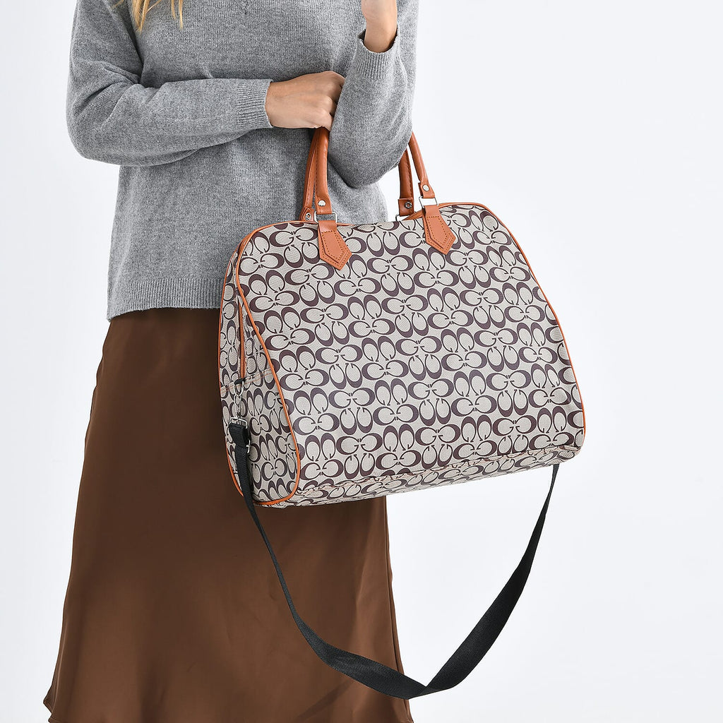 Geometric Pattern Travel Duffle Bag with Shoulder Strap (100 cm) - Light Brown