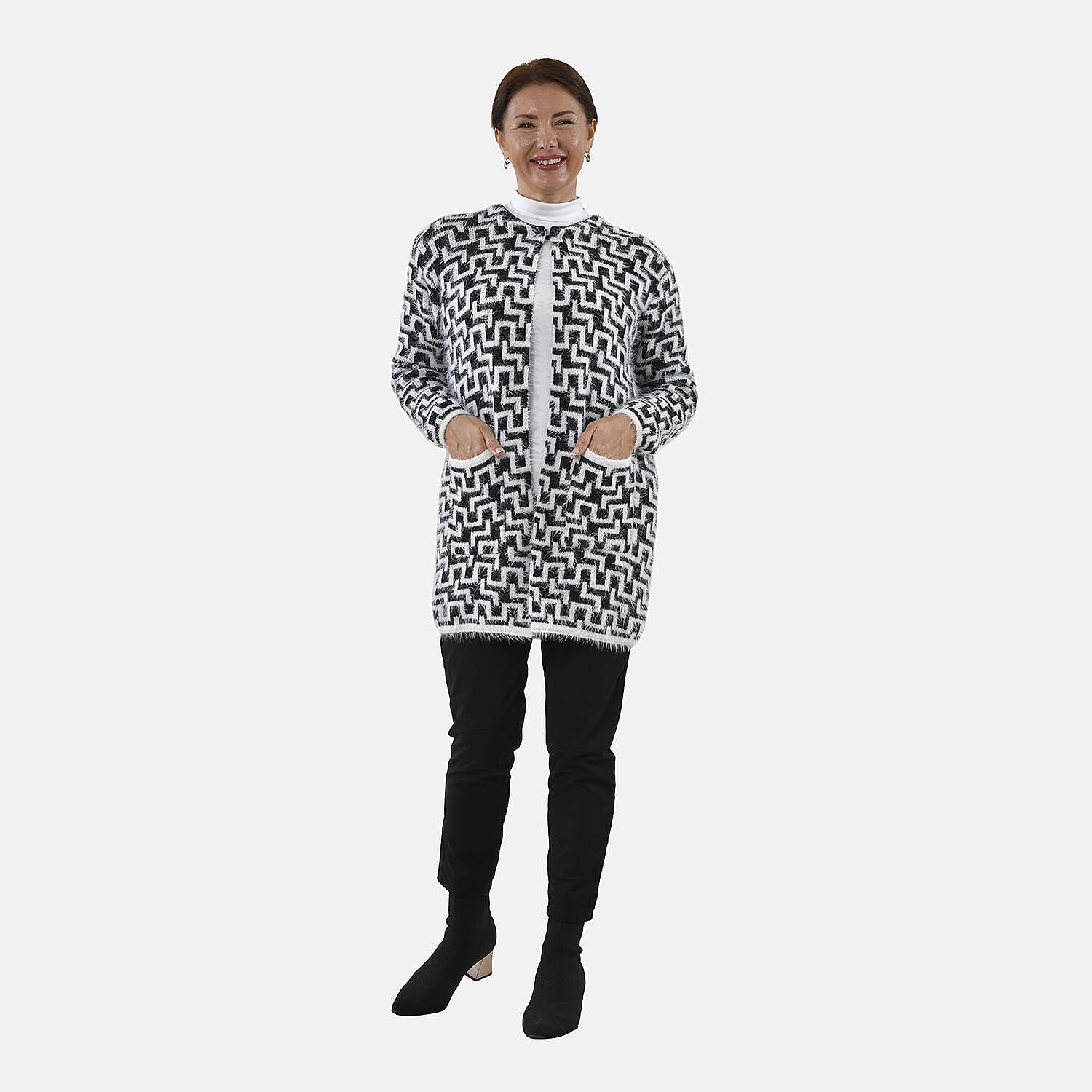 Tamsy Geometric Pattern Winter Coatigan with Pockets (Size 8-22) - Black - White