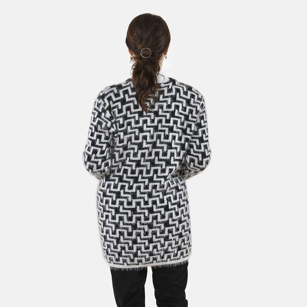 Tamsy Geometric Pattern Winter Coatigan with Pockets (Size 8-22) - Black - White