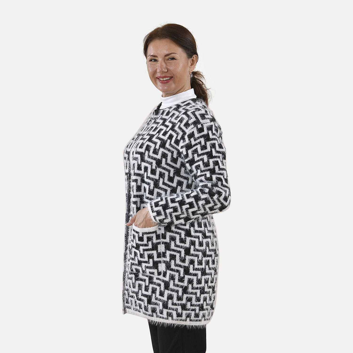 Tamsy Geometric Pattern Winter Coatigan with Pockets (Size 8-22) - Black - White