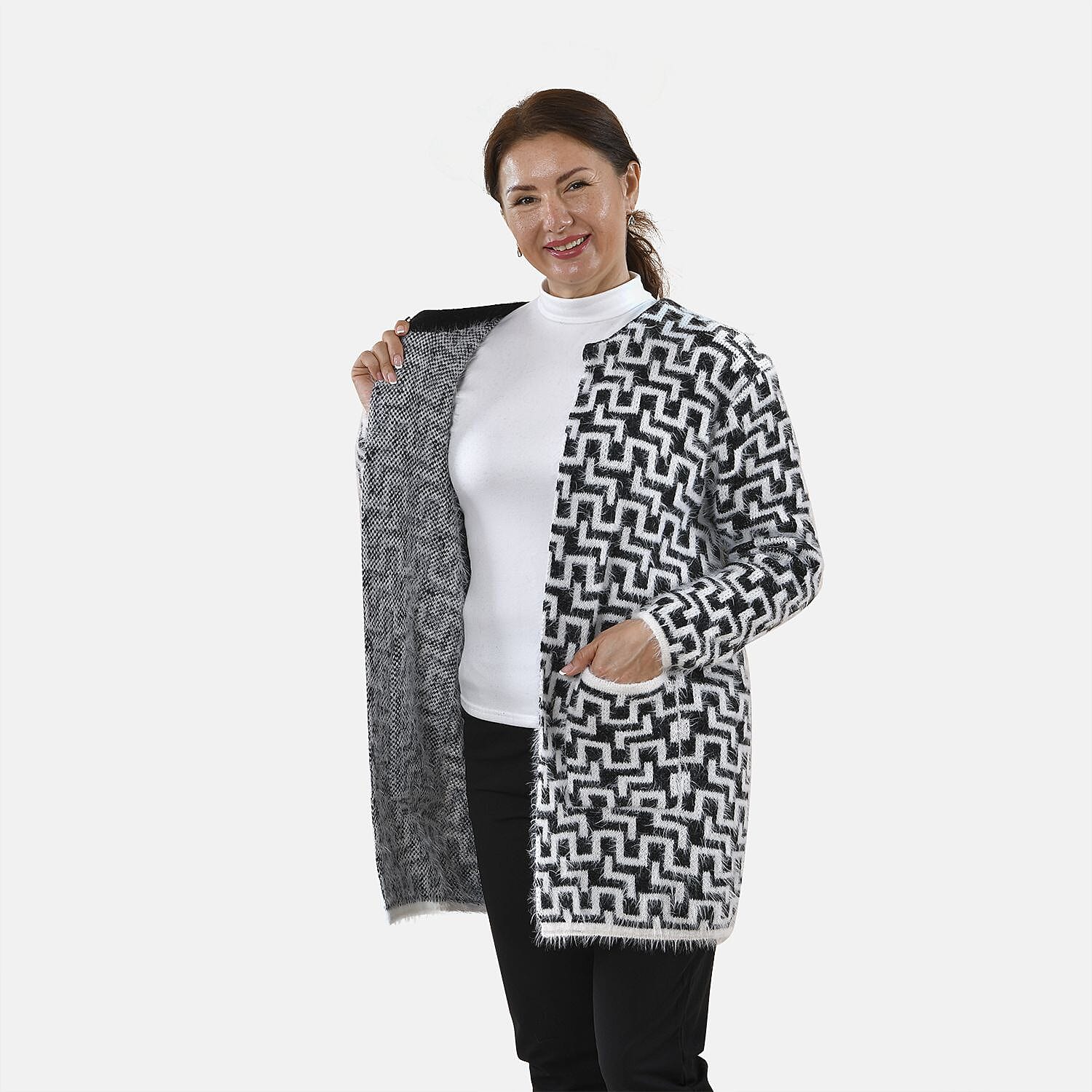 Tamsy Geometric Pattern Winter Coatigan with Pockets (Size 8-22) - Black - White