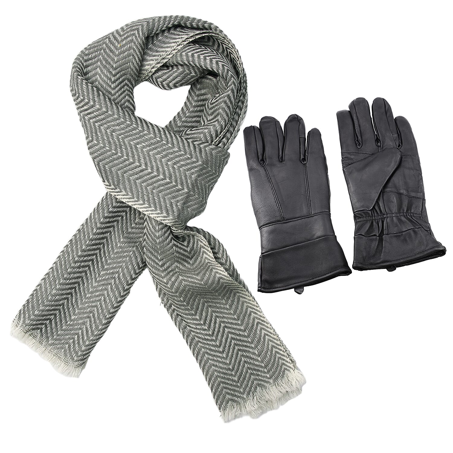 Gift Box with Leather Gloves and Merino Wool Scarf - Black - Grey