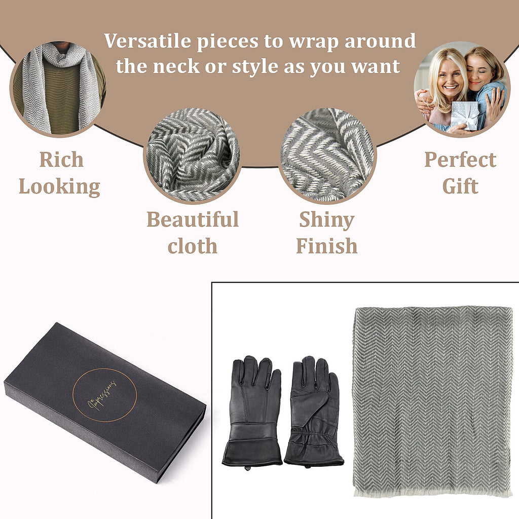 Gift Box with Leather Gloves and Merino Wool Scarf - Black - Grey