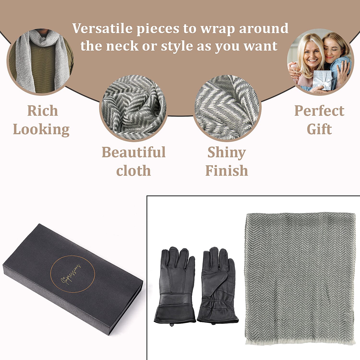 Gift Box with Leather Gloves and Merino Wool Scarf - Black - Grey