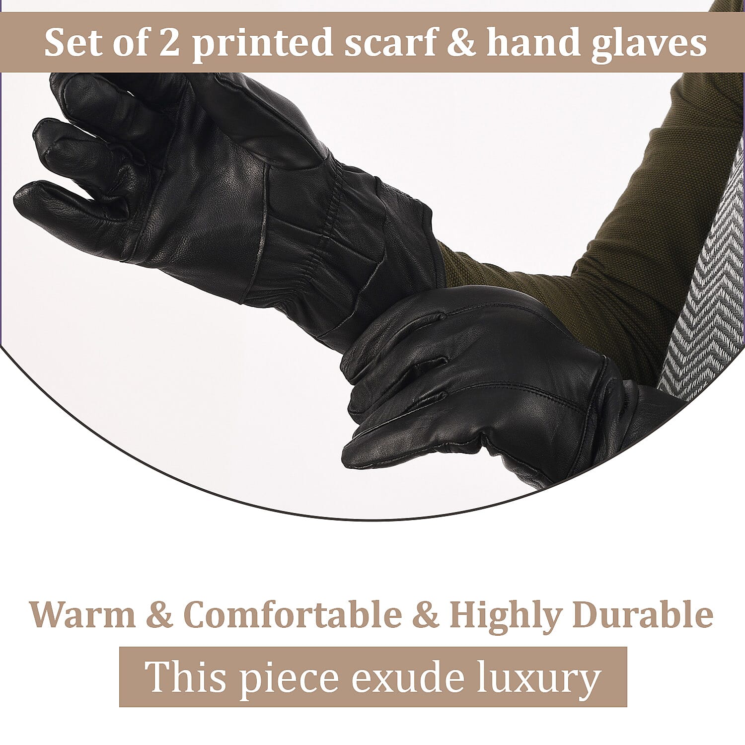 Gift Box with Leather Gloves and Merino Wool Scarf - Black - Grey