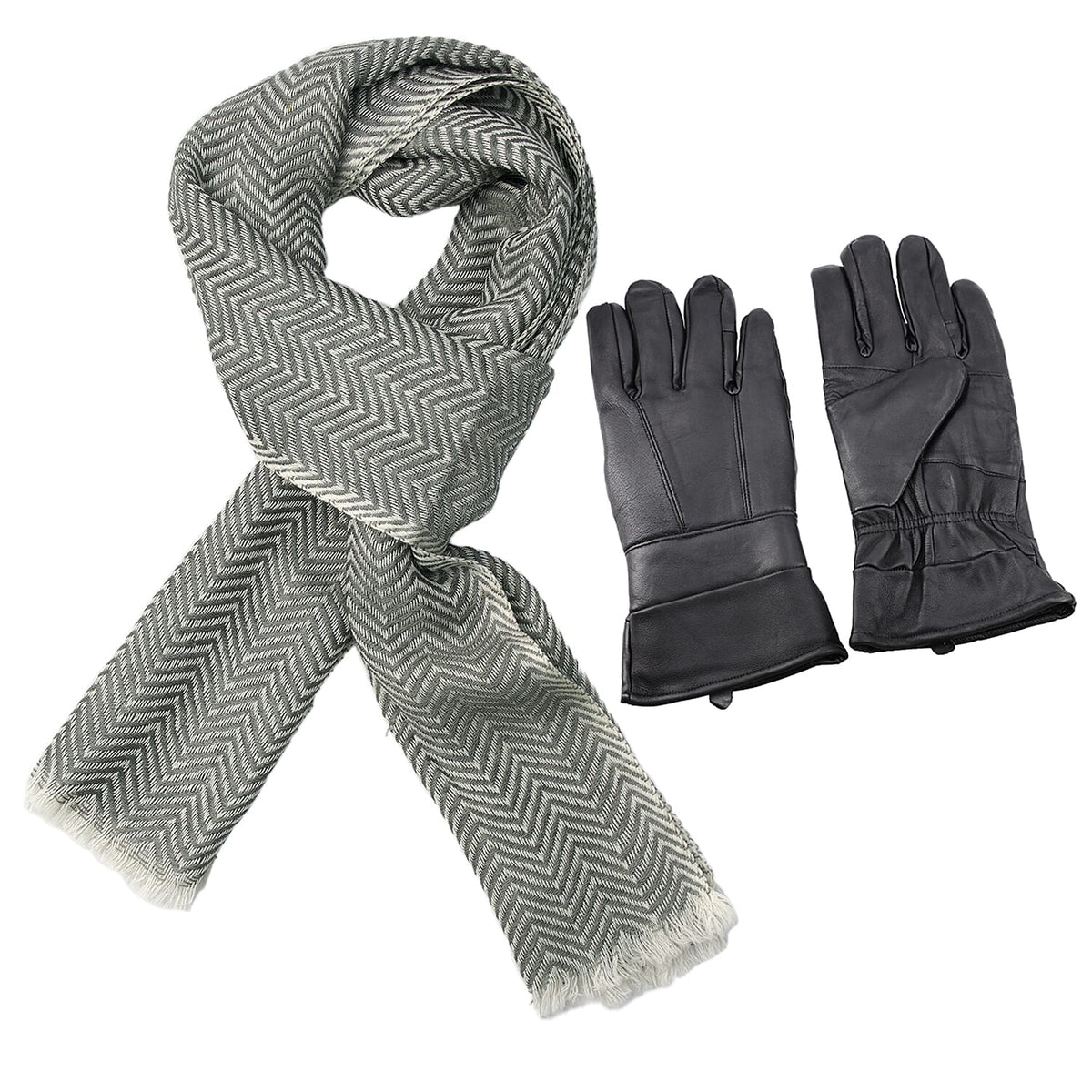 Gift Box with Leather Gloves and Merino Wool Scarf - Black - Grey