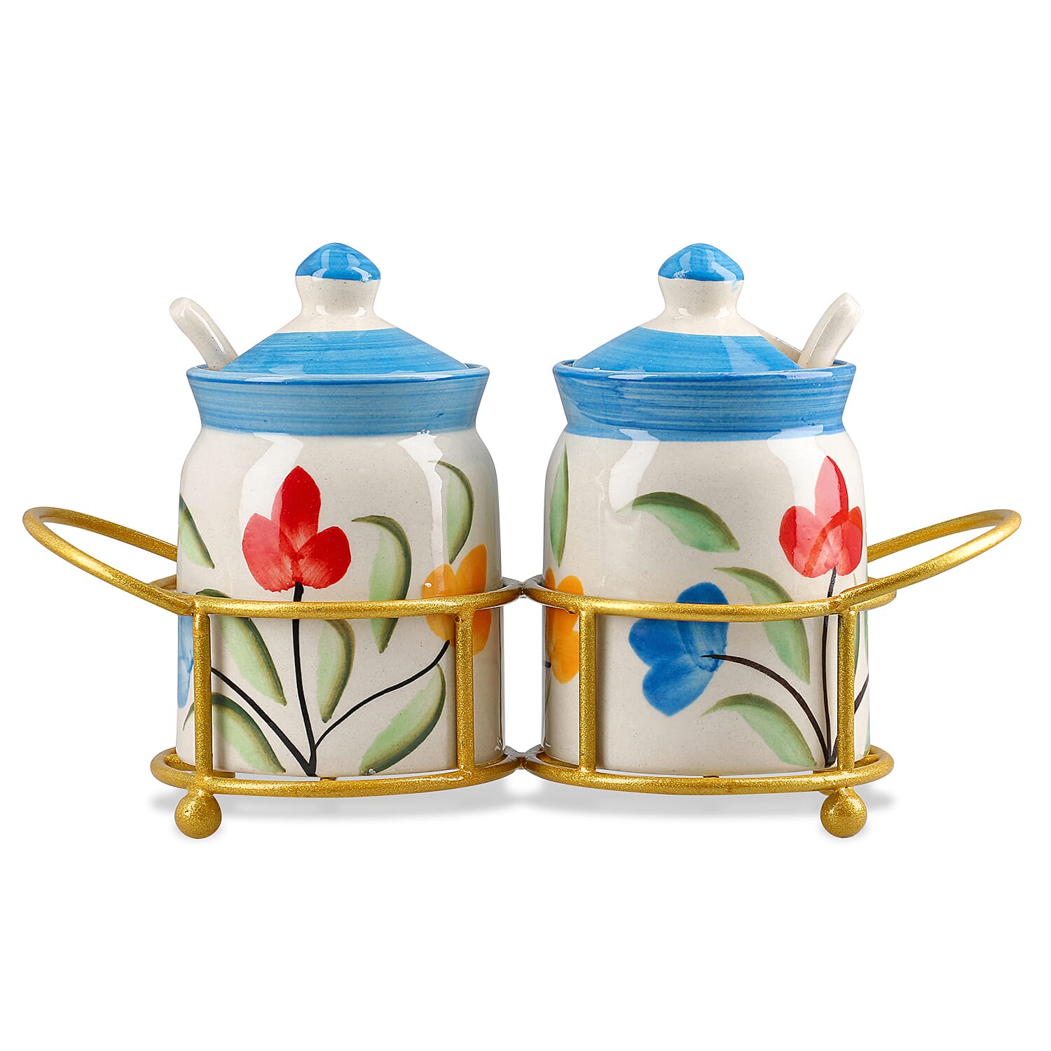 Set of 2 Ceramic Multi Handpainting Pickle Jar with Stand - Blue