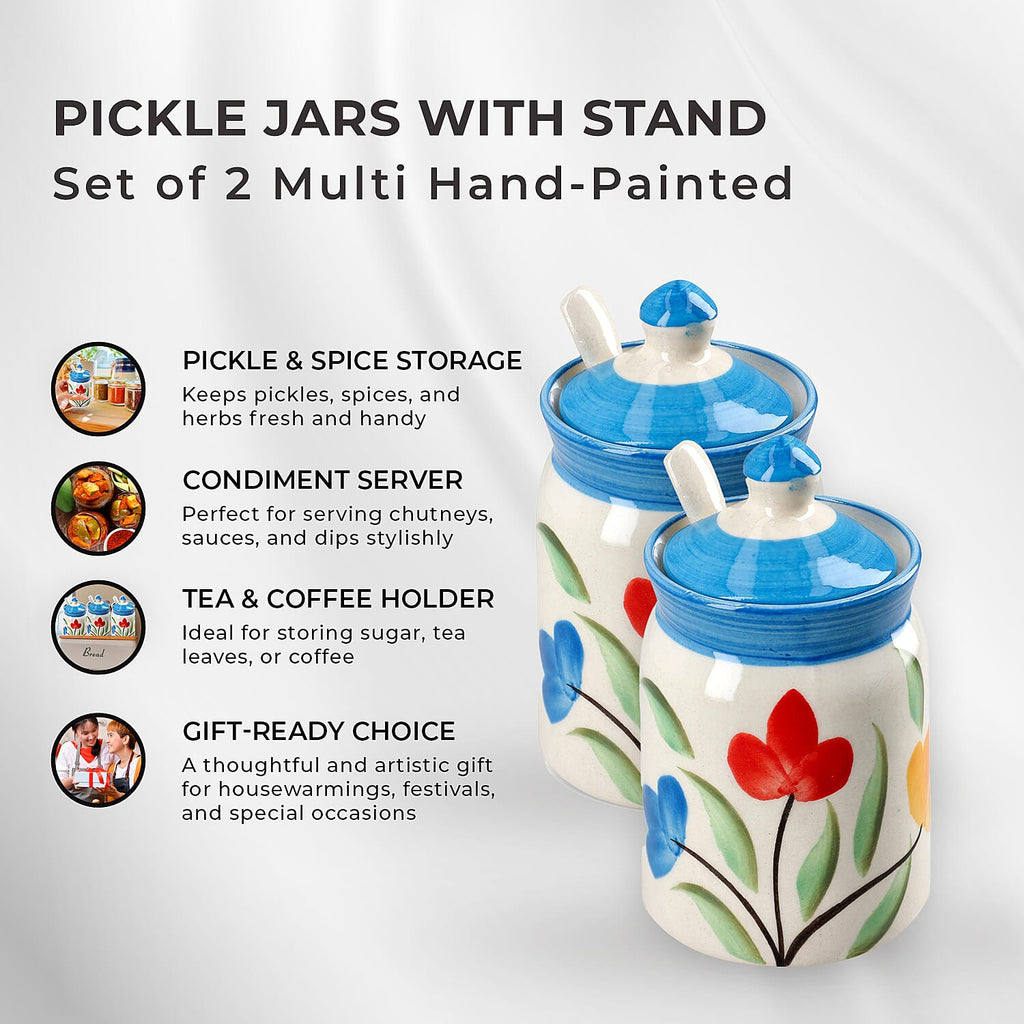 Set of 2 Ceramic Multi Handpainting Pickle Jar with Stand - Blue