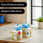 Set of 2 Ceramic Multi Handpainting Pickle Jar with Stand - Blue