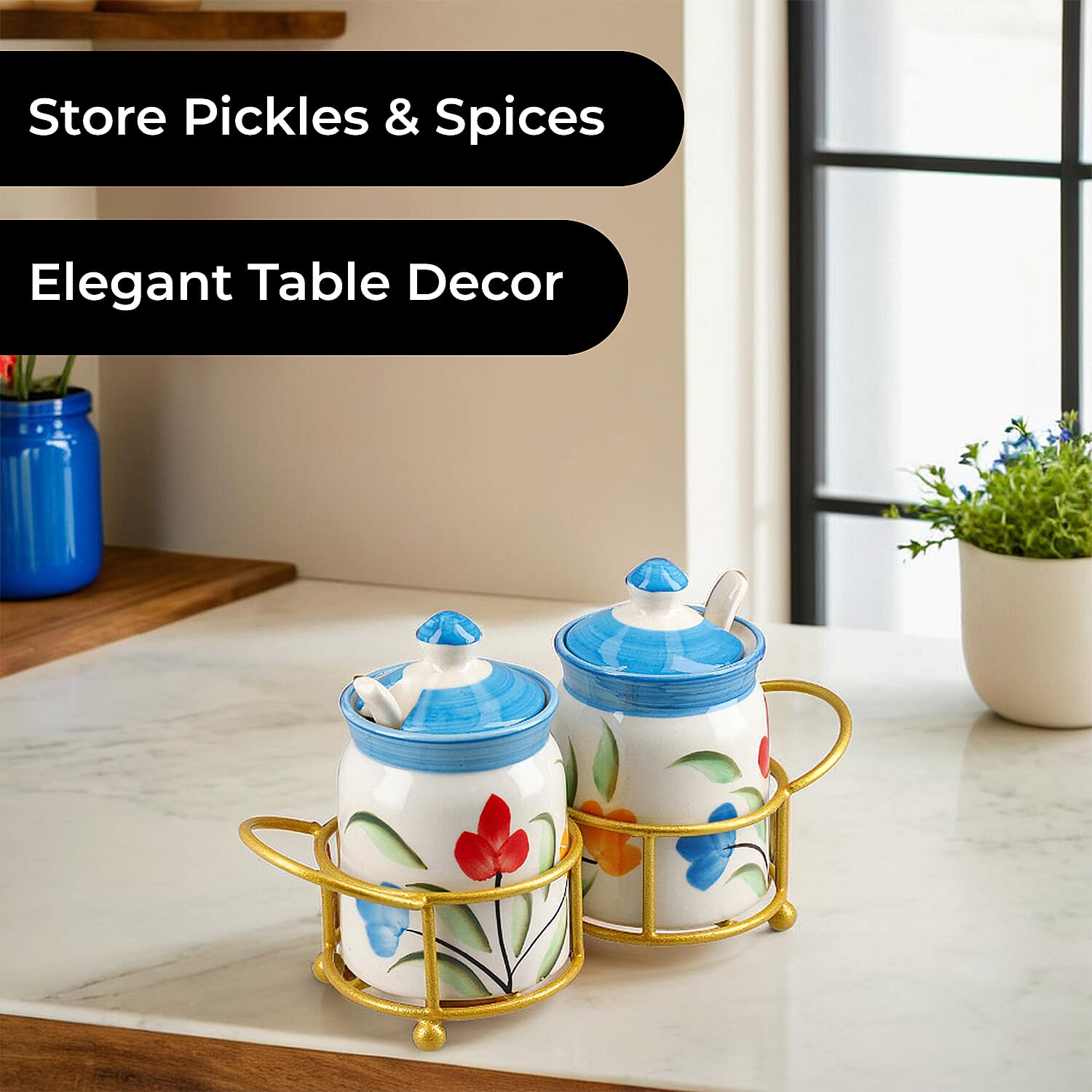 Set of 2 Ceramic Multi Handpainting Pickle Jar with Stand - Blue