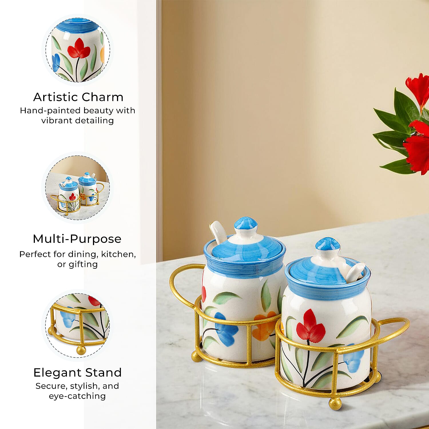 Set of 2 Ceramic Multi Handpainting Pickle Jar with Stand - Blue