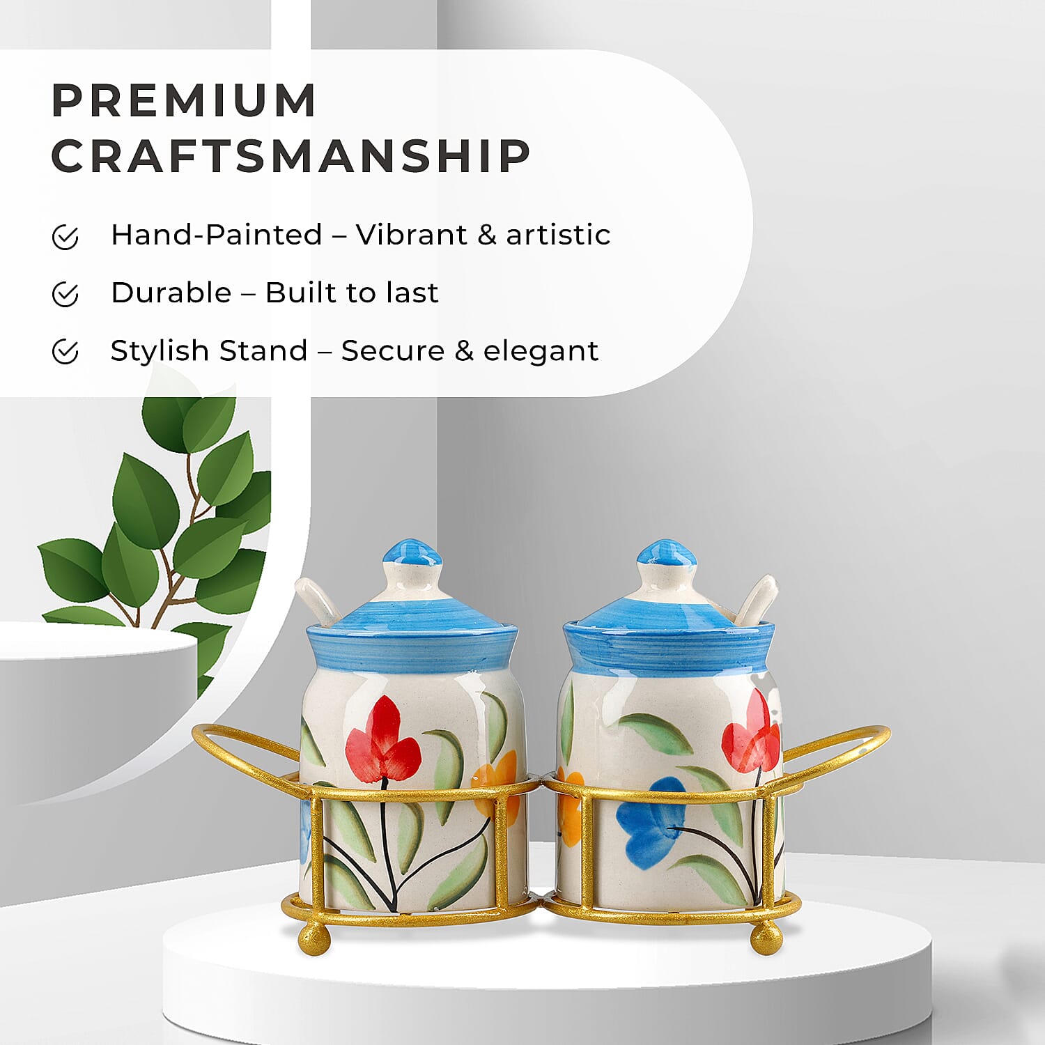 Set of 2 Ceramic Multi Handpainting Pickle Jar with Stand - Blue