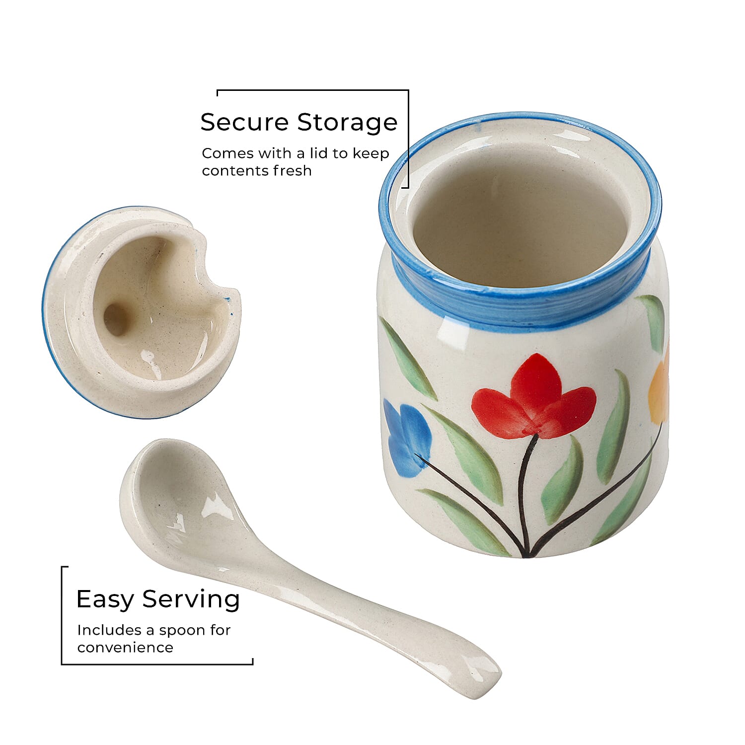 Set of 2 Ceramic Multi Handpainting Pickle Jar with Stand - Blue