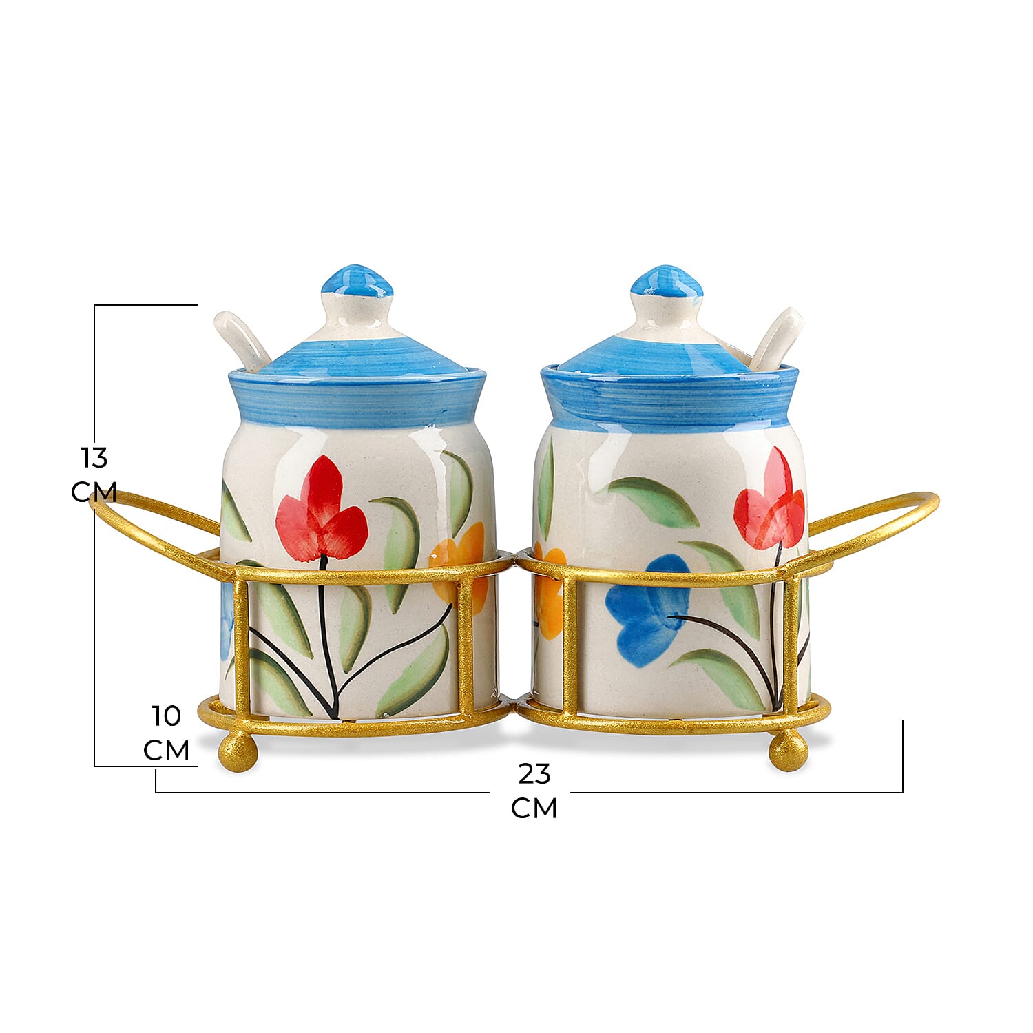 Set of 2 Ceramic Multi Handpainting Pickle Jar with Stand - Blue