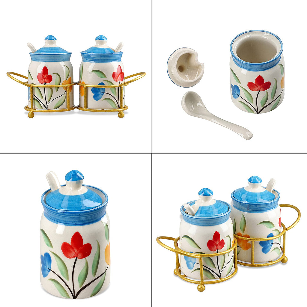 Set of 2 Ceramic Multi Handpainting Pickle Jar with Stand - Blue