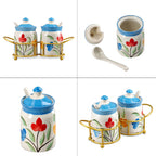 Set of 2 Ceramic Multi Handpainting Pickle Jar with Stand - Blue